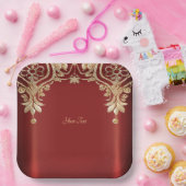 Modern Gold Red Floral Paper Plate ペーパープレート (パーティー)