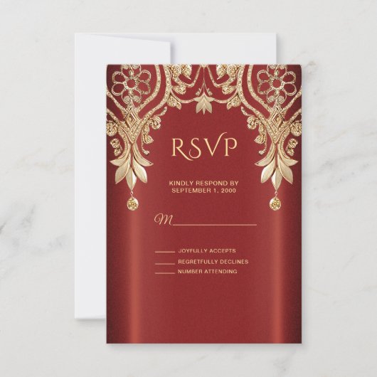 Modern Gold Red Floral RSVP Card (正面)