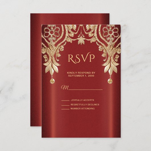 Modern Gold Red Floral RSVP Card (正面/裏面)
