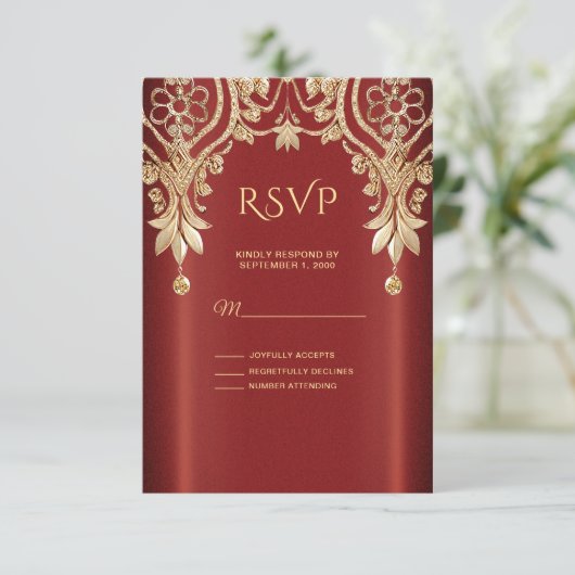 Modern Gold Red Floral RSVP Card (スタンド正面)