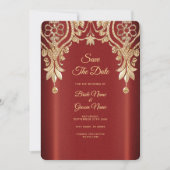 Modern Gold Red Floral Save The Date セーブザデート (正面)