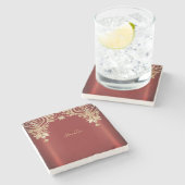 Modern Gold Red Floral Stone Coaster ストーンコースター (横)