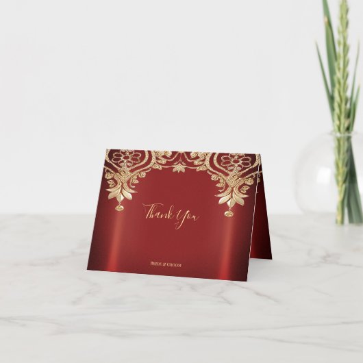 Modern Gold Red Floral Thank You Card サンキューカード (正面)