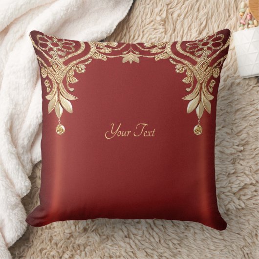 Modern Gold Red Floral Throw Pillow クッション (ブランケット)