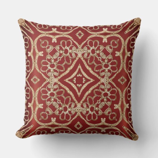 Modern Gold Red Floral Throw Pillow クッション (正面)