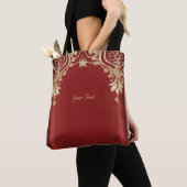 Modern Gold Red Floral Tote Bag トートバッグ (クローズアップ)