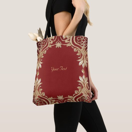 Modern Gold Red Floral Tote Bag トートバッグ (クローズアップ)