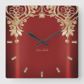 Modern Gold Red Floral Wall Clock スクエア壁時計 (正面)
