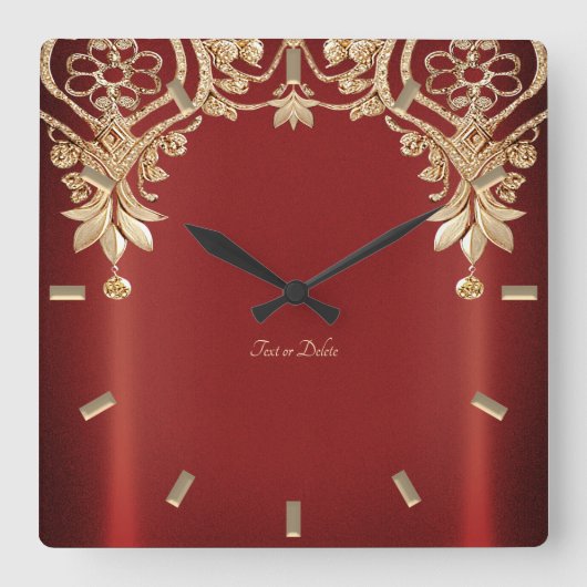 Modern Gold Red Floral Wall Clock スクエア壁時計 (正面)