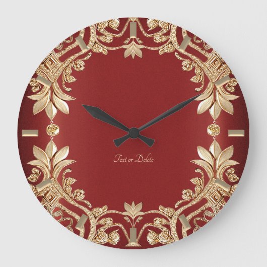Modern Gold Red Floral Wall Clock ラージ壁時計 (正面)