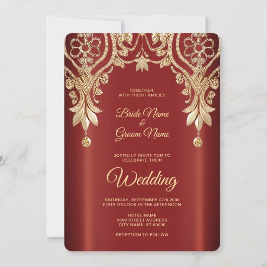 Modern Gold Red Floral Wedding Invitation 招待状 (正面)