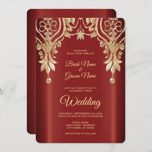 Modern Gold Red Floral Wedding Invitation 招待状 (正面/裏面)