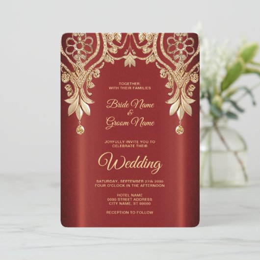 Modern Gold Red Floral Wedding Invitation 招待状 (スタンド正面)