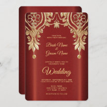 Modern Gold Red Floral Wedding Invitation