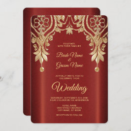 Modern Gold Red Floral Wedding Invitation 招待状