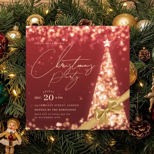 MODERN Gold Red Winter Christmas Tree Bow Party  招待状