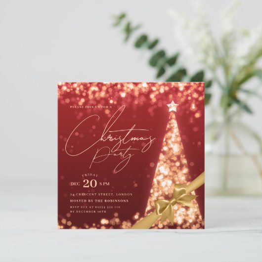 MODERN Gold Red Winter Christmas Tree Bow Party  招待状 (スタンド正面)