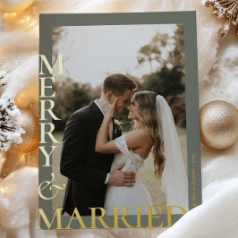 Modern Gold Sage Green Merry Married Photos Script 箔シーズンカード