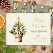 Modern Gold Script Bow Watercolor Christmas Tree  シーズンカード