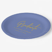 Modern Gold Script Graduation Party Blue Custom ペーパープレート (アングル)