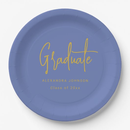Modern Gold Script Graduation Party Blue Custom ペーパープレート (正面)