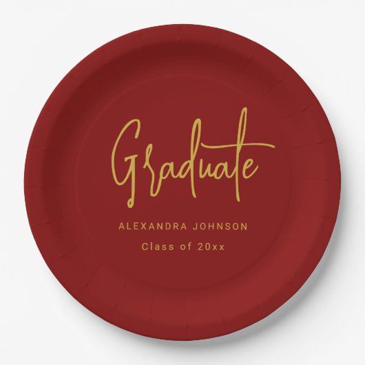 Modern Gold Script Graduation Party Red Custom ペーパープレート (正面)
