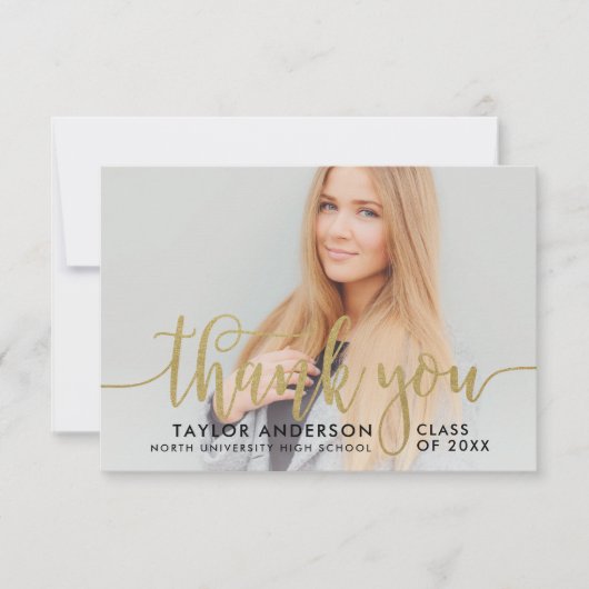 Modern Gold Script Graduation Photo サンキューカード (正面)