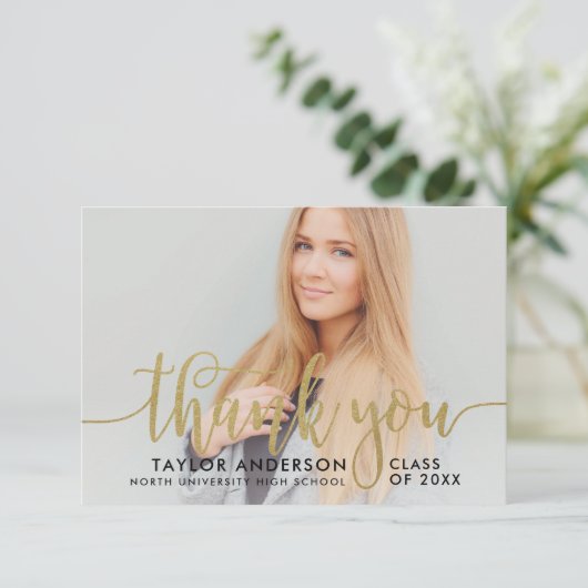 Modern Gold Script Graduation Photo サンキューカード (スタンド正面)