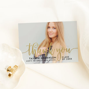 Modern Gold Script Graduation Photo サンキューカード