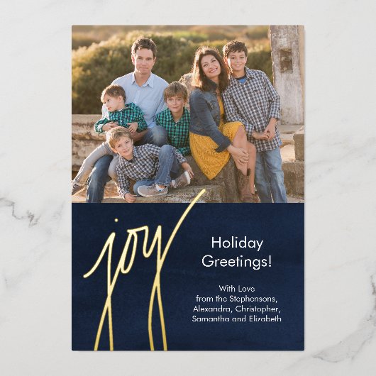 Modern Gold Script Joy Holiday Photo Card 箔シーズンカード (正面)