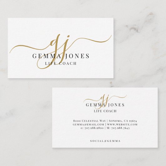 Modern Gold Script monogram Life Coach 名刺 (正面/裏面)