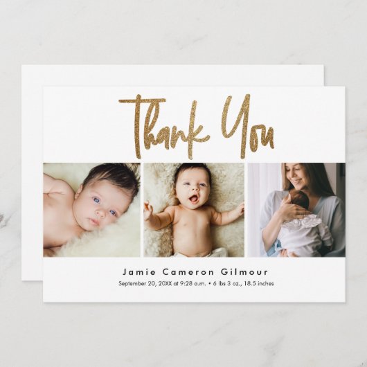 Modern Gold Script Newborn Baby Photo Collage 案内状 (正面/裏面)