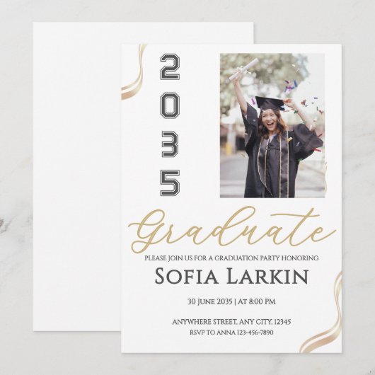 Modern Gold Script Photo Graduation Party  招待状 (正面/裏面)