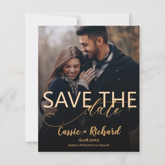 Modern Gold Script Photo Wedding Save the Date (正面)