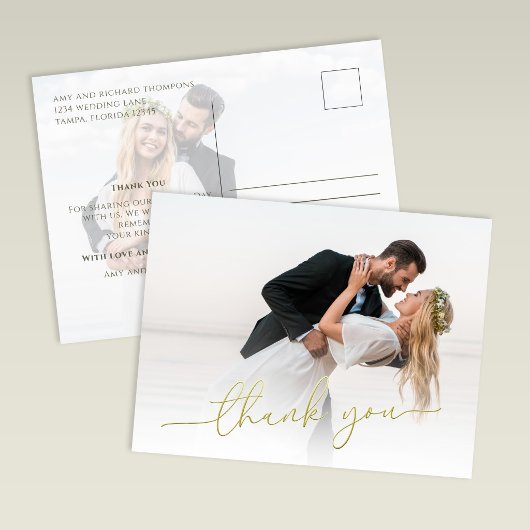 Modern Gold Script Photo Wedding Thank You Card ポストカード