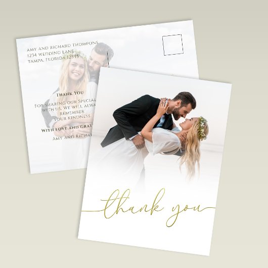 Modern Gold Script Photo Wedding Thank You Card ポストカード