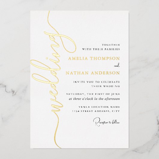 Modern Gold Script Wedding  箔招待状 (正面)