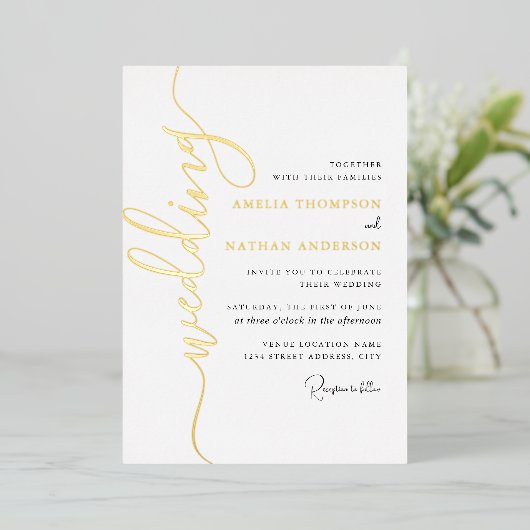 Modern Gold Script Wedding  箔招待状 (立ち正面)