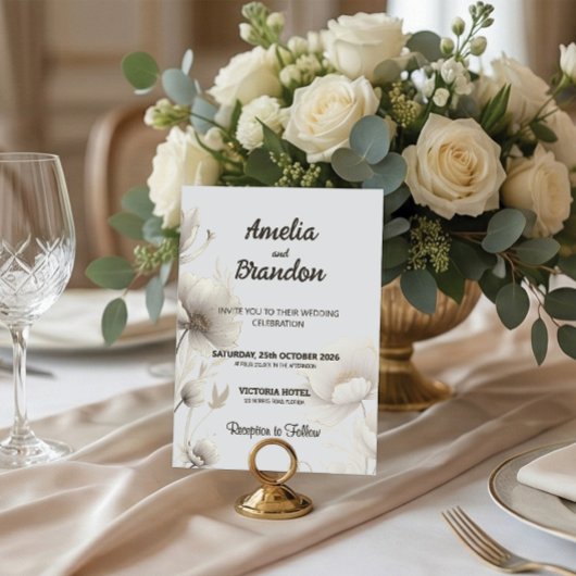 Modern Gold Sketch Flowers | White Wedding 招待状