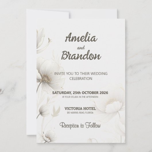 Modern Gold Sketch Flowers | White Wedding 招待状 (正面)