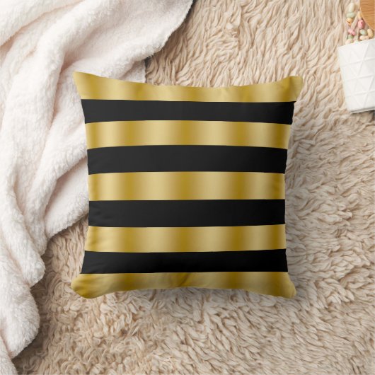 Modern Gold Stripes Black Background Throw クッション (ブランケット)