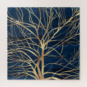 Modern Gold Tree Silhouette Minimal Blue Design ジグソーパズル