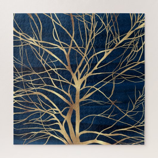 Modern Gold Tree Silhouette Minimal Blue Design ジグソーパズル (縦)