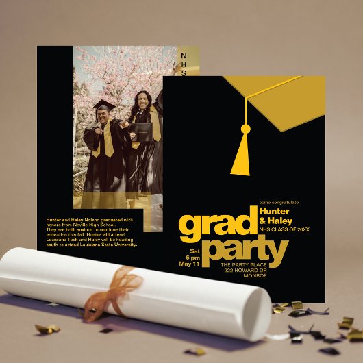 Modern Gold Typography & Tassel Grad Party Photo 招待状
