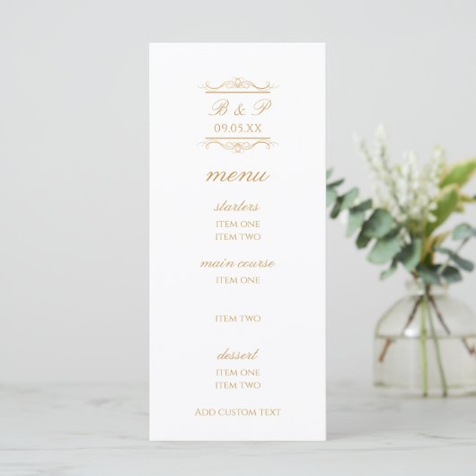 Modern Gold & White Monogram Wedding Menu Card (スタンド正面)