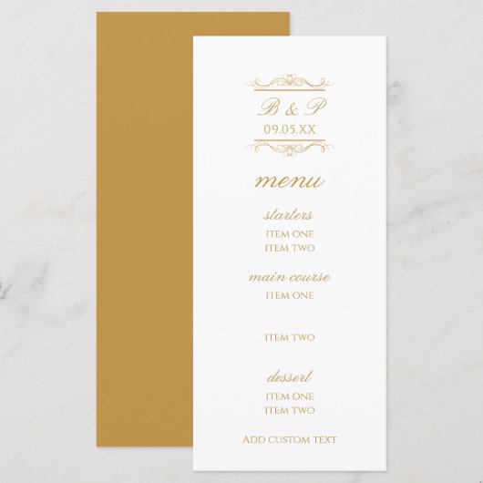 Modern Gold & White Monogram Wedding Menu Card (正面/裏面)