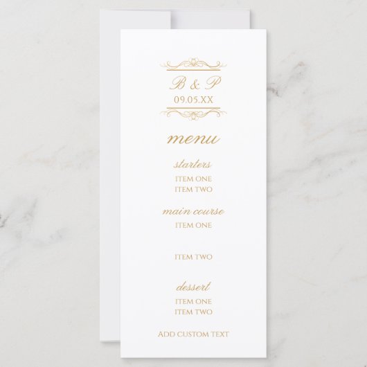 Modern Gold & White Monogram Wedding Menu Card (正面)
