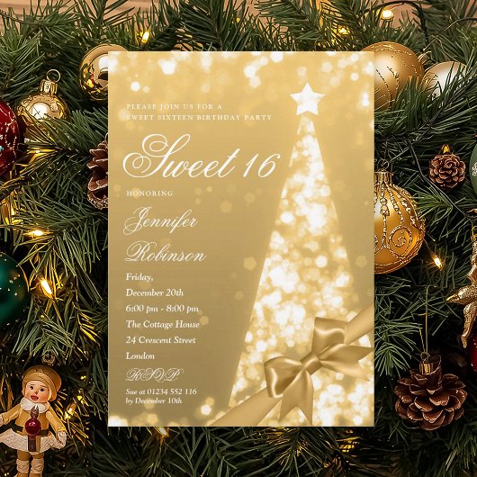 Modern Gold Xmas Tree Bow Sweet 16 Birthday Party 招待状