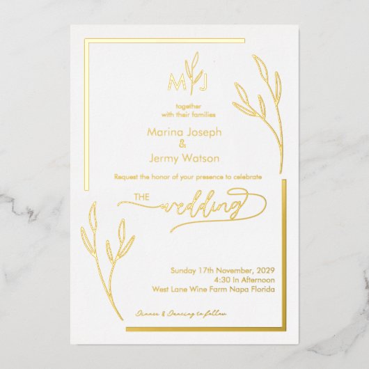 Modern Golden Leaflet Border Minimalist Monogram 箔招待状 (正面)