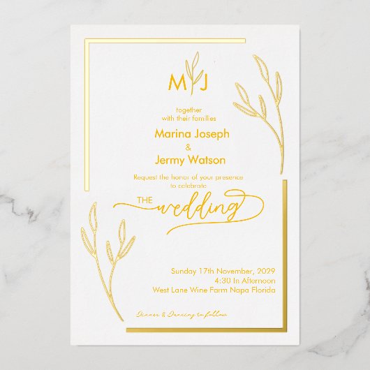Modern Golden Leaflet Border Monogram Scripted  箔招待状 (正面)